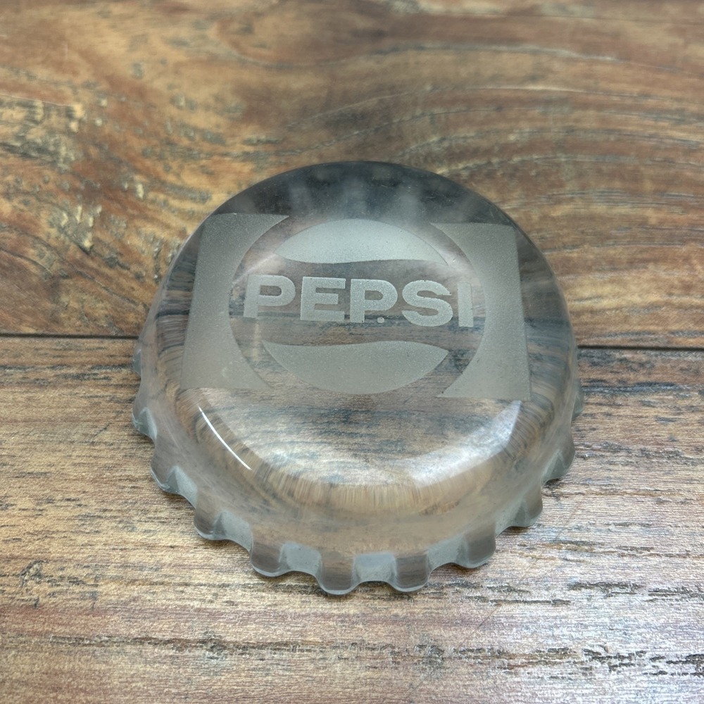 Pepsi Cola Etched Glass Bottle Cap Crown‎ 3" Paperweight Employee Award Soda Adv